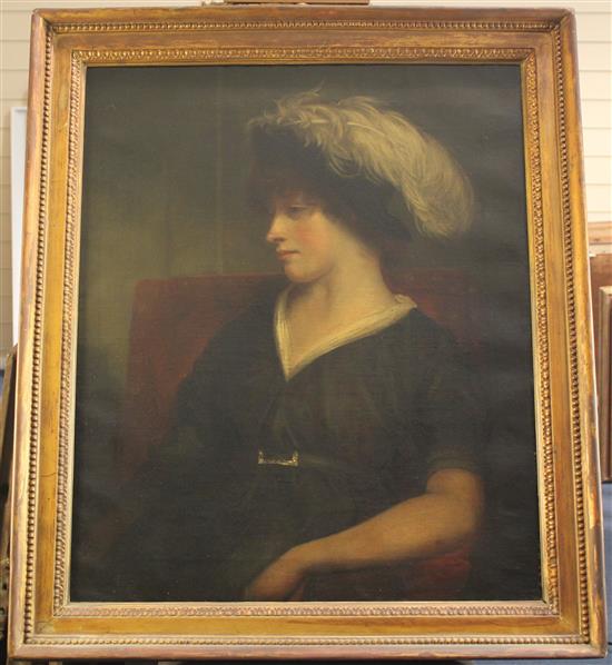 Early 19th century English School Portrait of a lady wearing a black dress and a feathered hat, 30 x 25in.